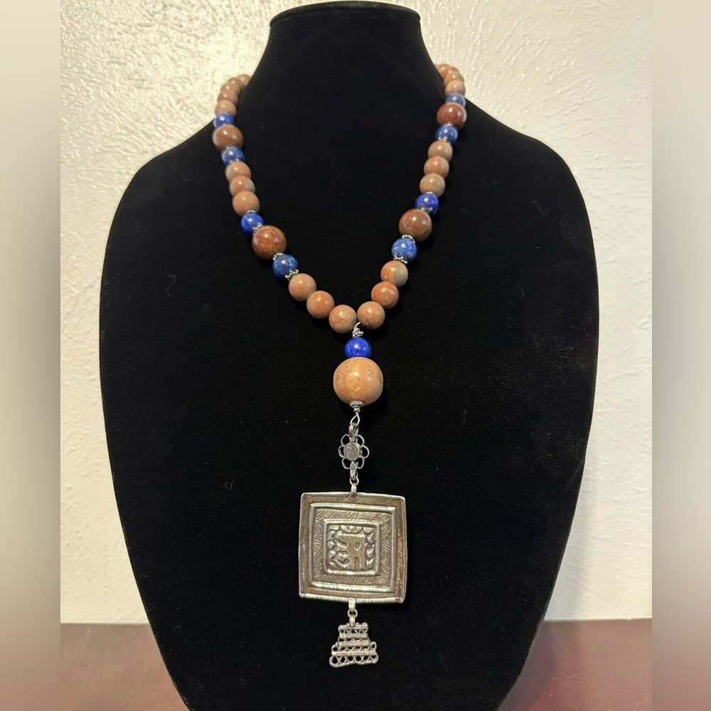 Vintage Designer Sally Davison Signed Jasper Lapis And Sterling Necklace Rare